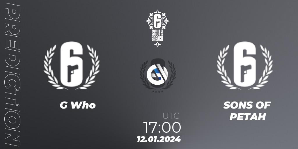 G Who vs SONS OF PETAH: Betting TIp, Match Prediction. 12.01.2024 at 17:00. Rainbow Six, R6 South Breach