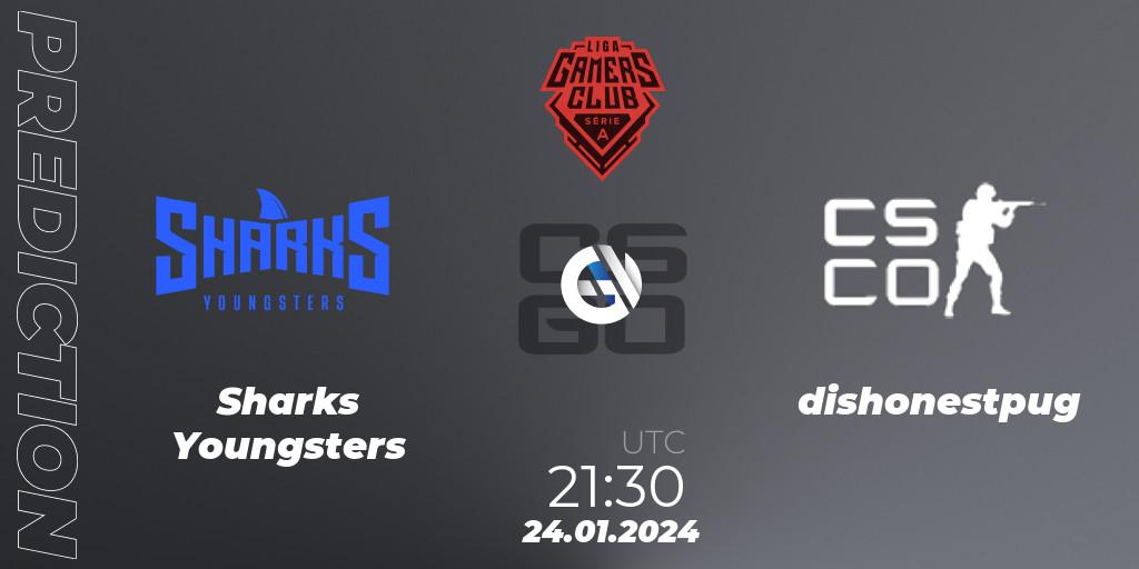 Sharks Youngsters vs dishonestpug: Betting TIp, Match Prediction. 24.01.2024 at 21:30. Counter-Strike (CS2), Gamers Club Liga Série A: January 2024