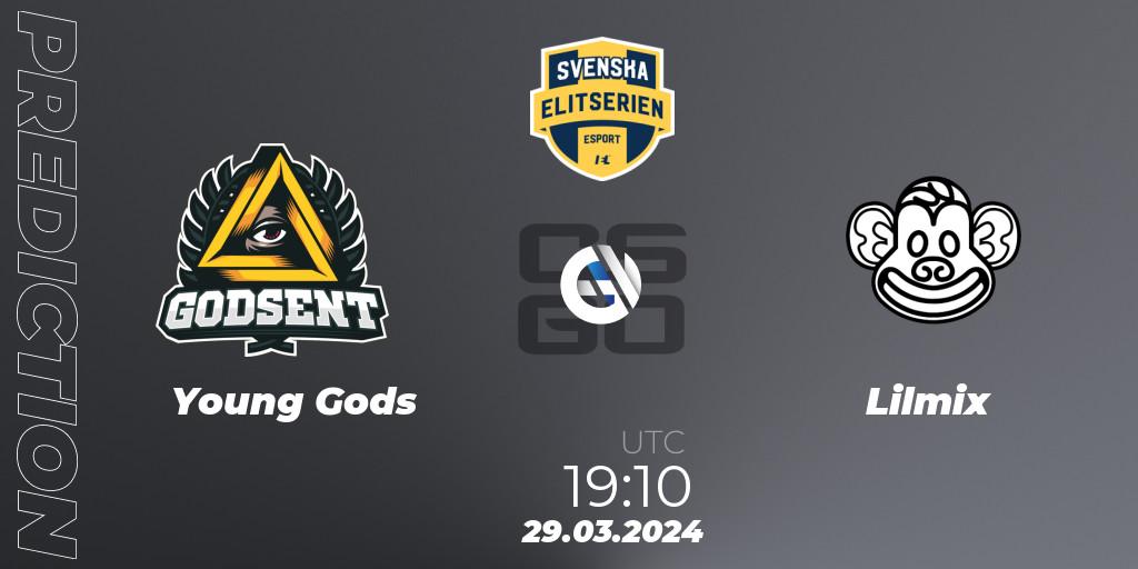 Young Gods vs Lilmix: Betting TIp, Match Prediction. 29.03.2024 at 19:10. Counter-Strike (CS2), Svenska Elitserien Spring 2024