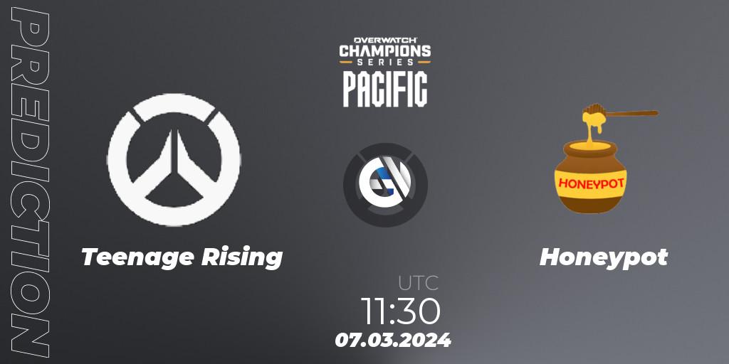 Teenage Rising vs Honeypot: Betting TIp, Match Prediction. 07.03.2024 at 11:30. Overwatch, Overwatch Champions Series 2024 - Stage 1 Pacific