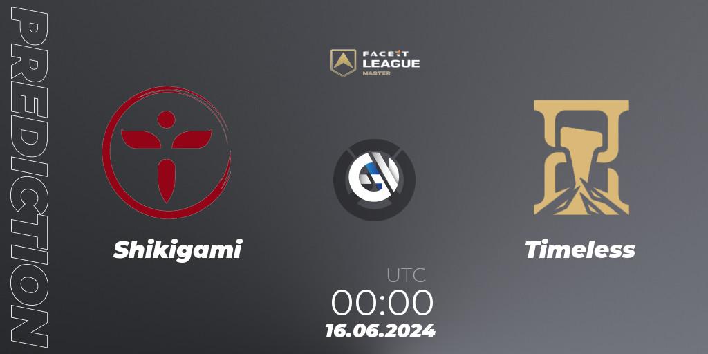 Shikigami vs Timeless: Betting TIp, Match Prediction. 16.06.2024 at 00:15. Overwatch, FACEIT League Season 1 - NA Master Road to EWC