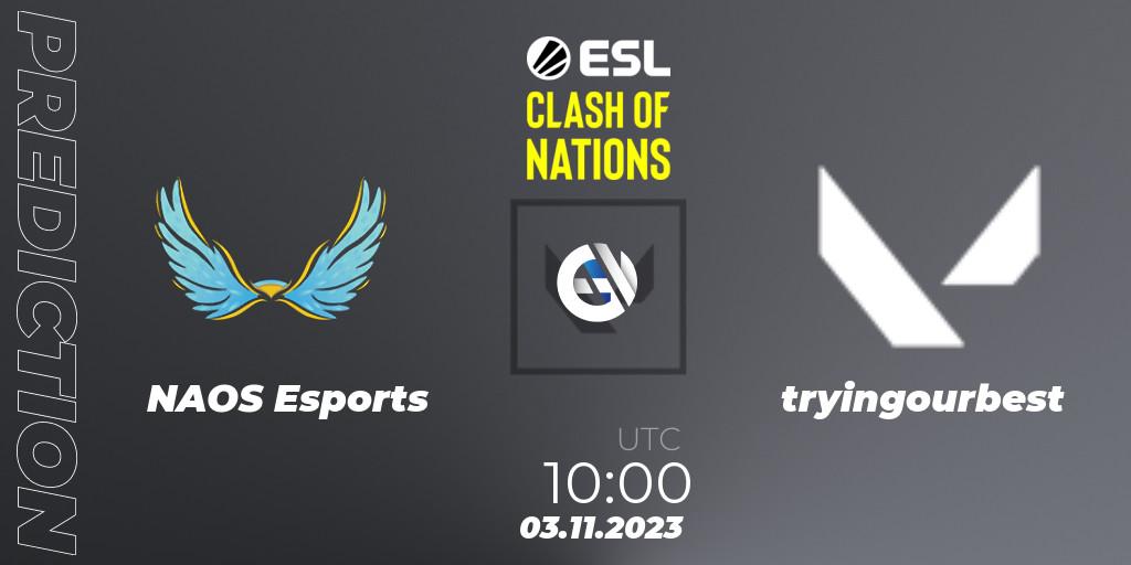 NAOS Esports vs tryingourbest: Betting TIp, Match Prediction. 03.11.23. VALORANT, ESL Clash of Nations 2023 - SEA Closed Qualifier