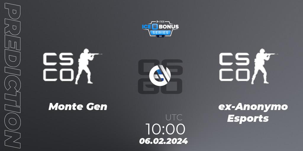 Monte Gen vs ex-Anonymo Esports: Betting TIp, Match Prediction. 06.02.2024 at 10:00. Counter-Strike (CS2), IceBonus Series #1
