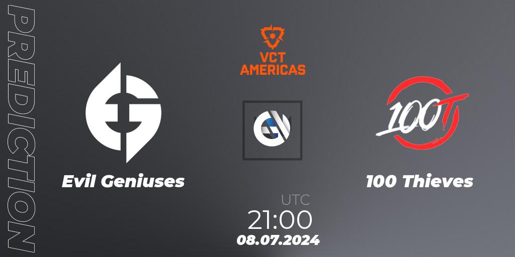 Evil Geniuses vs 100 Thieves: Betting TIp, Match Prediction. 08.07.2024 at 21:00. VALORANT, VALORANT Champions Tour 2024: Americas League - Stage 2 - Group Stage