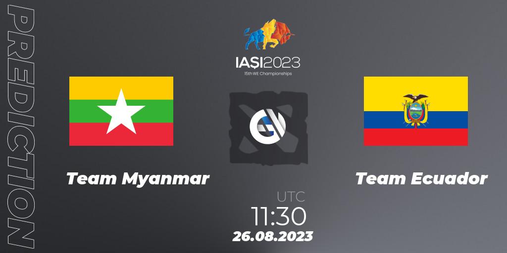 Team Myanmar vs Team Ecuador: Betting TIp, Match Prediction. 26.08.2023 at 19:30. Dota 2, IESF World Championship 2023