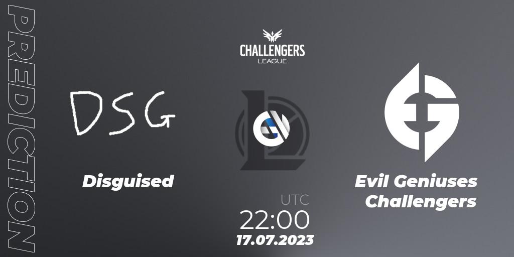 Disguised vs Evil Geniuses Challengers: Betting TIp, Match Prediction. 17.06.2023 at 20:00. LoL, North American Challengers League 2023 Summer - Group Stage