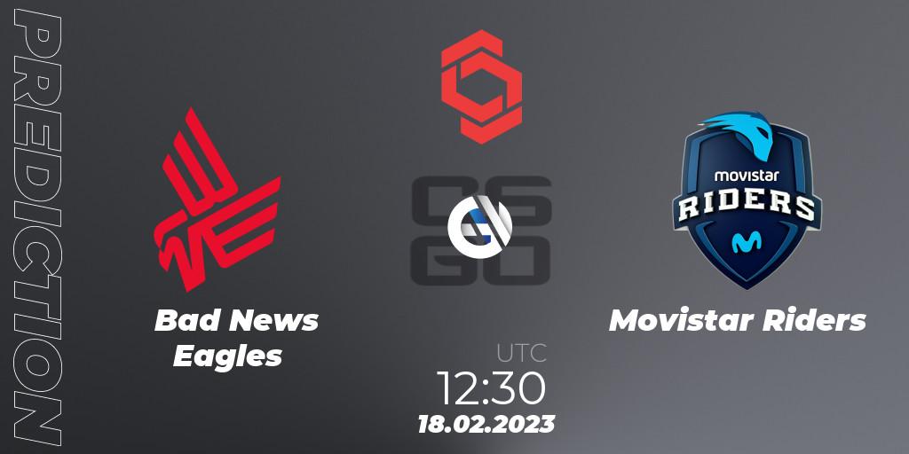 Bad News Eagles vs Movistar Riders: Betting TIp, Match Prediction. 18.02.2023 at 12:30. Counter-Strike (CS2), CCT Central Europe Series Finals #1