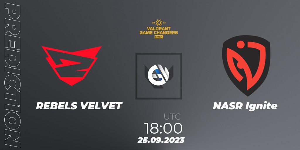 REBELS VELVET vs NASR Ignite: Betting TIp, Match Prediction. 25.09.2023 at 18:00. VALORANT, VCT 2023: Game Changers EMEA Stage 3 - Group Stage