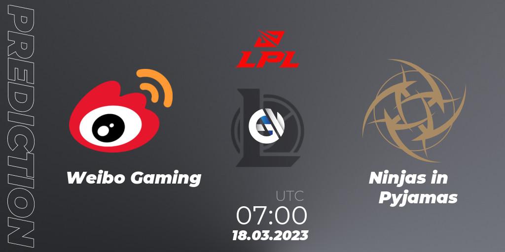 Weibo Gaming vs Ninjas in Pyjamas: Betting TIp, Match Prediction. 18.03.2023 at 07:00. LoL, LPL Spring 2023 - Group Stage