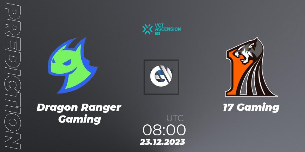 Dragon Ranger Gaming vs 17 Gaming: Betting TIp, Match Prediction. 23.12.2023 at 08:40. VALORANT, VALORANT China Ascension 2023