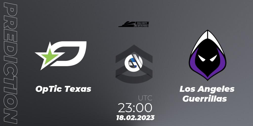 OpTic Texas vs Los Angeles Guerrillas: Betting TIp, Match Prediction. 18.02.2023 at 23:30. Call of Duty, Call of Duty League 2023: Stage 3 Major Qualifiers