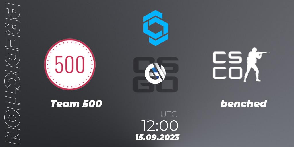 Team 500 vs benched: Betting TIp, Match Prediction. 15.09.2023 at 12:00. Counter-Strike (CS2), CCT East Europe Series #2
