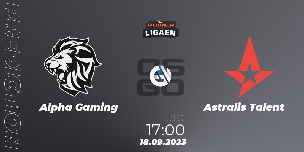 Alpha Gaming vs Astralis Talent: Betting TIp, Match Prediction. 18.09.2023 at 17:00. Counter-Strike (CS2), POWER Ligaen Season 24 Finals
