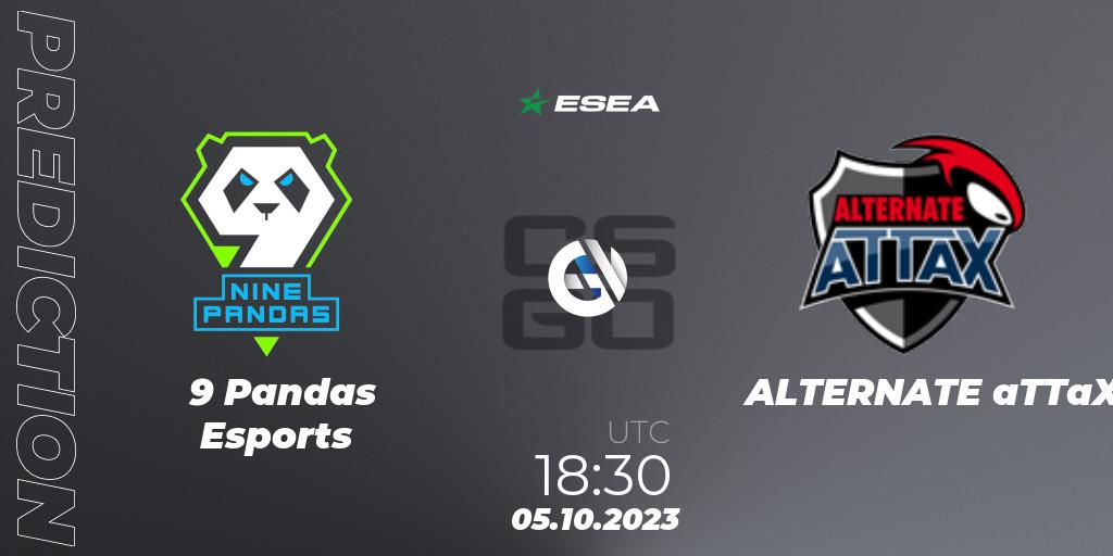 9 Pandas Esports vs ALTERNATE aTTaX: Betting TIp, Match Prediction. 05.10.2023 at 15:00. Counter-Strike (CS2), ESEA Advanced Season 46 Europe
