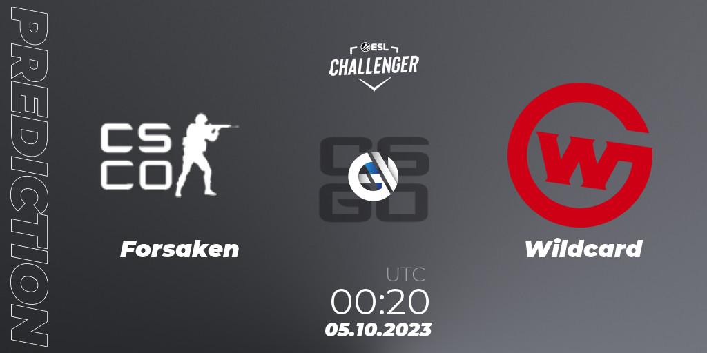 Forsaken vs Wildcard: Betting TIp, Match Prediction. 05.10.2023 at 00:20. Counter-Strike (CS2), ESL Challenger at DreamHack Winter 2023: North American Open Qualifier