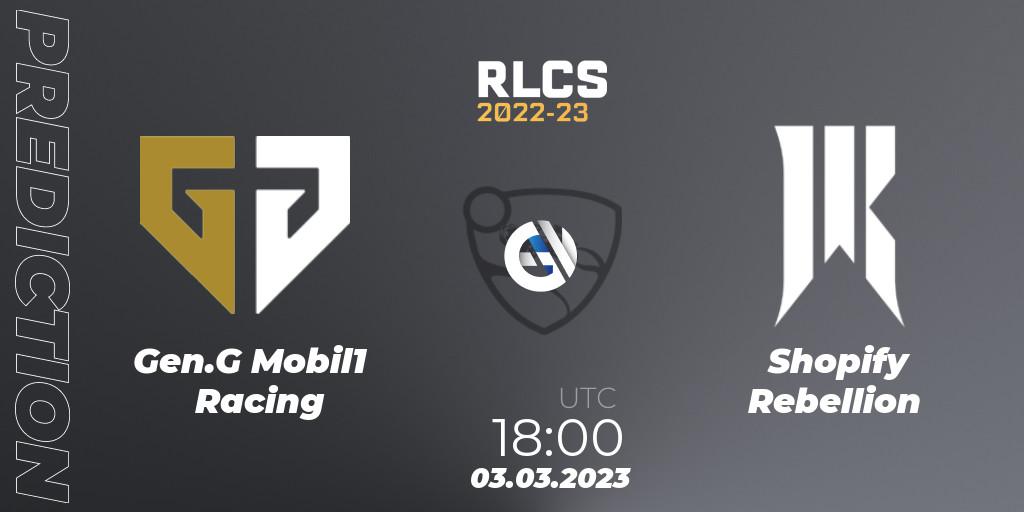 Gen.G Mobil1 Racing vs Shopify Rebellion: Betting TIp, Match Prediction. 03.03.2023 at 18:00. Rocket League, RLCS 2022-23 - Winter: North America Regional 3 - Winter Invitational