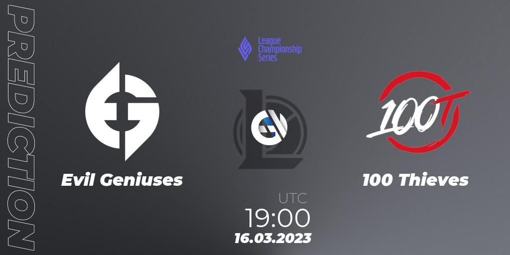 Evil Geniuses vs 100 Thieves: Betting TIp, Match Prediction. 15.02.2023 at 22:00. LoL, LCS Spring 2023 - Group Stage