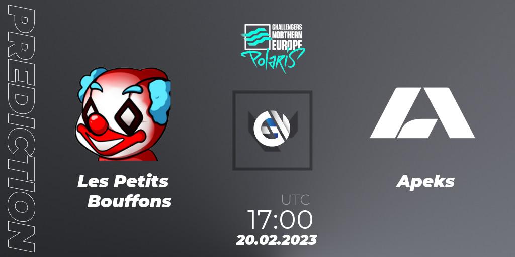 Les Petits Bouffons vs Apeks: Betting TIp, Match Prediction. 20.02.2023 at 17:00. VALORANT, VALORANT Challengers 2023 Northern Europe: Polaris Split 1
