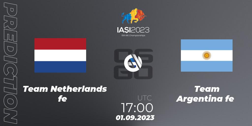 Team Netherlands fe vs Team Argentina fe: Betting TIp, Match Prediction. 01.09.2023 at 19:00. Counter-Strike (CS2), IESF Female World Esports Championship 2023