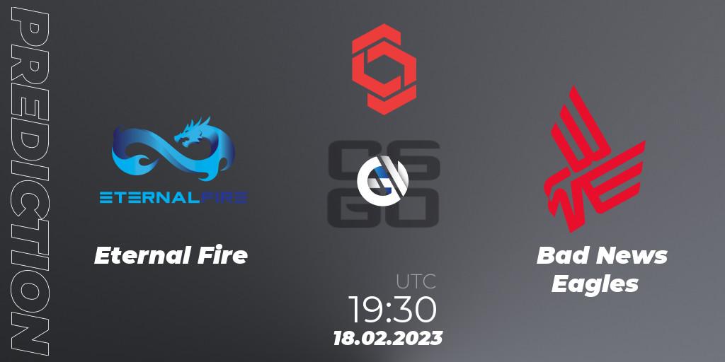 Eternal Fire vs Bad News Eagles: Betting TIp, Match Prediction. 18.02.2023 at 20:30. Counter-Strike (CS2), CCT Central Europe Series Finals #1