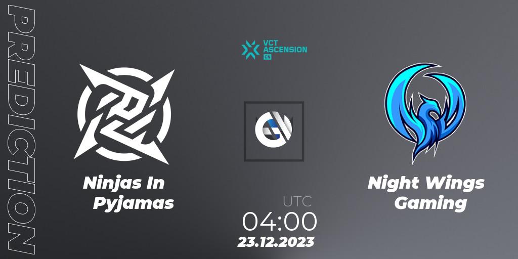 Ninjas In Pyjamas vs Night Wings Gaming: Betting TIp, Match Prediction. 23.12.2023 at 04:00. VALORANT, VALORANT China Ascension 2023