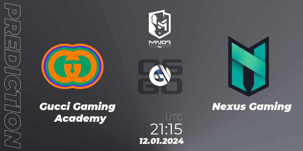 Gucci Gaming Academy vs Nexus Gaming: Betting TIp, Match Prediction. 12.01.2024 at 21:15. Counter-Strike (CS2), PGL CS2 Major Copenhagen 2024 Europe RMR Open Qualifier 3