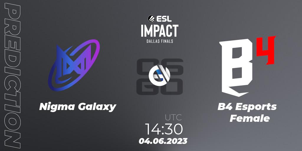 Nigma Galaxy vs B4 Esports Female: Betting TIp, Match Prediction. 04.06.2023 at 14:30. Counter-Strike (CS2), ESL Impact League Season 3