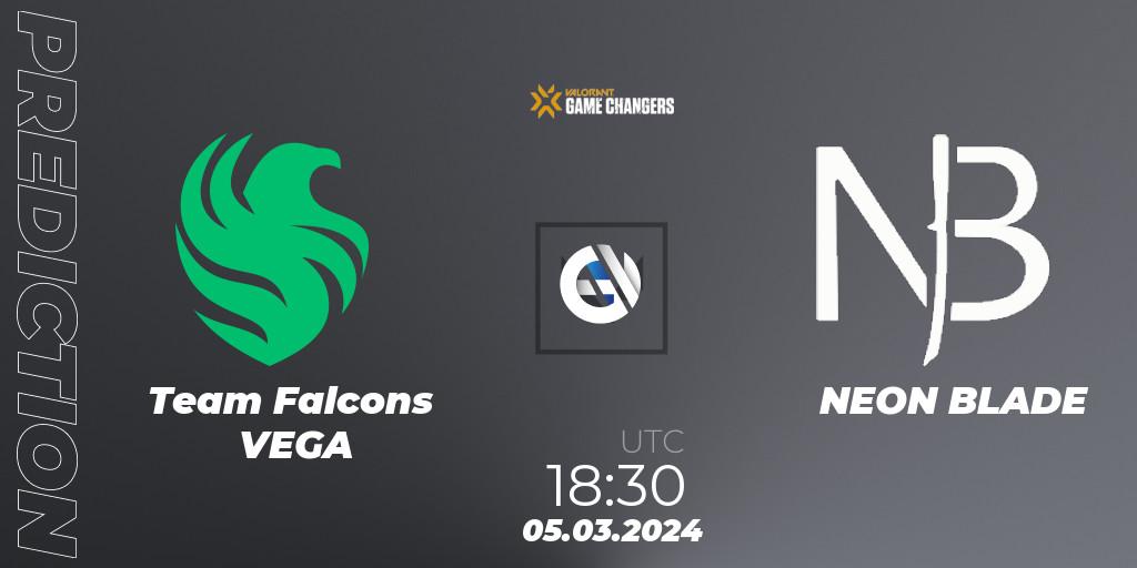 Team Falcons VEGA vs NEON BLADE: Betting TIp, Match Prediction. 05.03.2024 at 18:30. VALORANT, VCT 2024: Game Changers EMEA Stage 1