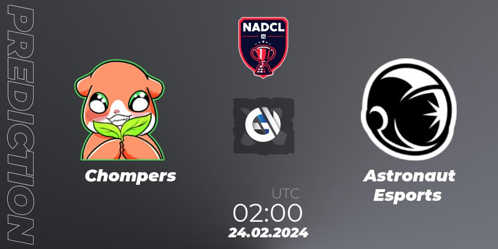 Chompers vs Astronaut Esports: Betting TIp, Match Prediction. 24.02.2024 at 02:00. Dota 2, North American Dota Challengers League Season 6 Division 1