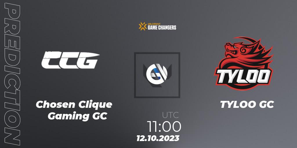 Chosen Clique Gaming GC vs TYLOO GC: Betting TIp, Match Prediction. 12.10.2023 at 13:00. VALORANT, VALORANT Champions Tour 2023: Game Changers China Qualifier