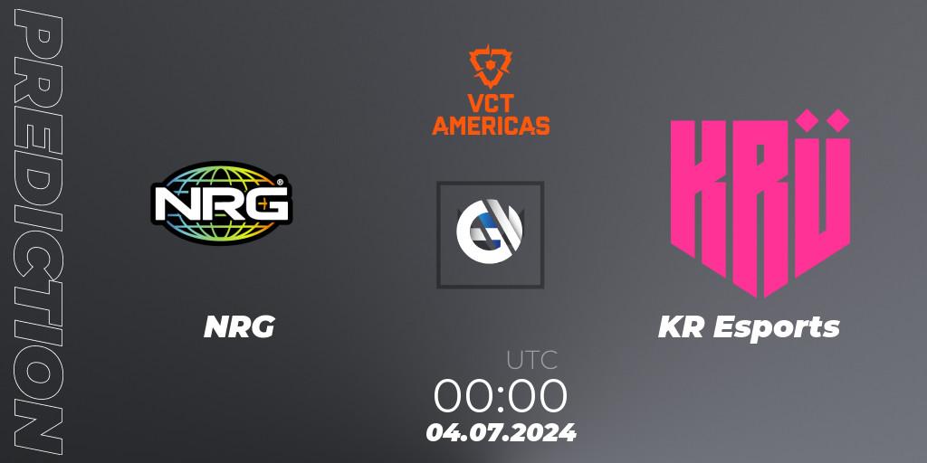 NRG vs KRÜ Esports: Betting TIp, Match Prediction. 04.07.2024 at 00:00. VALORANT, VALORANT Champions Tour 2024: Americas League - Stage 2 - Group Stage