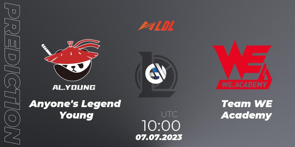 Anyone's Legend Young vs Team WE Academy: Betting TIp, Match Prediction. 07.07.2023 at 11:10. LoL, LDL 2023 - Regular Season - Stage 3