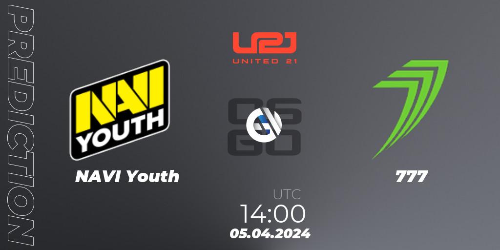 NAVI Youth vs 777: Betting TIp, Match Prediction. 05.04.2024 at 14:00. Counter-Strike (CS2), United21 Season 12: Division 2
