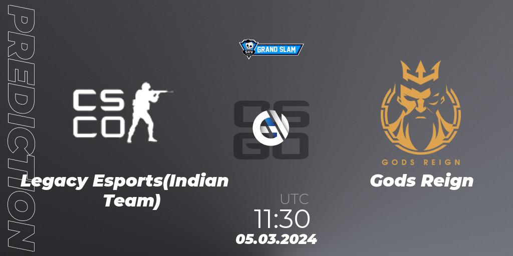 Legacy Esports(Indian Team) vs Gods Reign: Betting TIp, Match Prediction. 05.03.2024 at 11:30. Counter-Strike (CS2), Skyesports Grand Slam 2024: Indian Qualifier