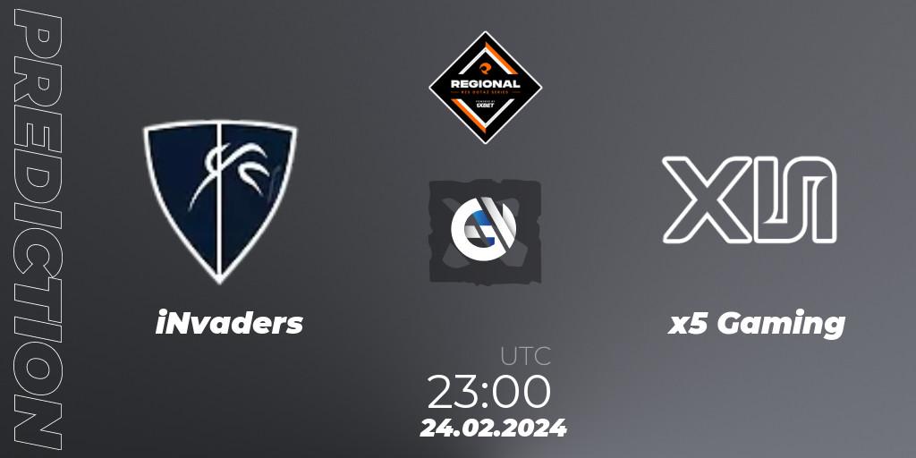 iNvaders vs x5 Gaming: Betting TIp, Match Prediction. 24.02.2024 at 23:23. Dota 2, RES Regional Series: LATAM #1