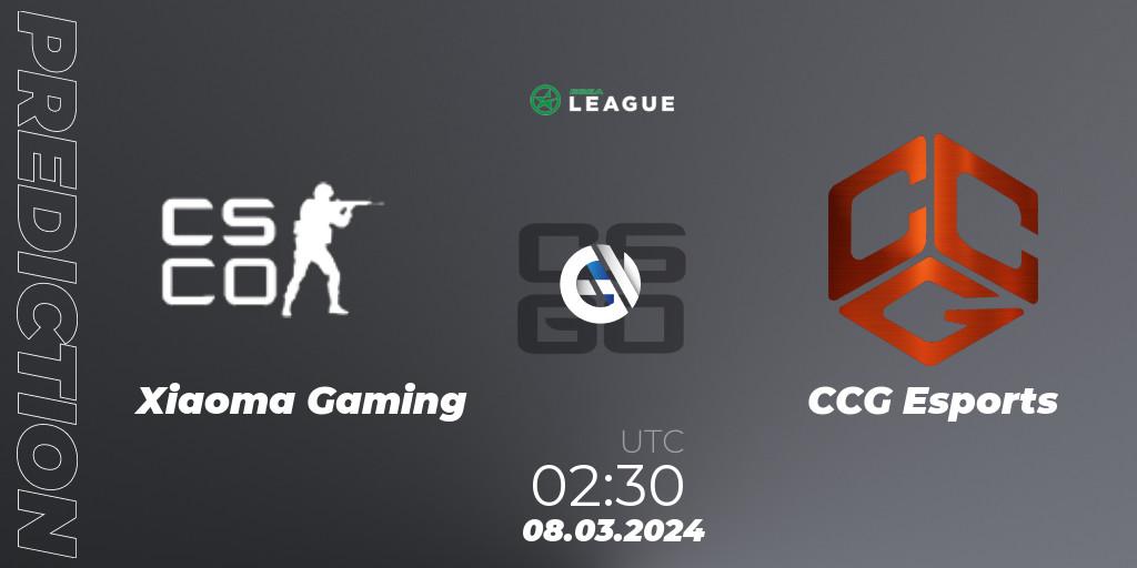 Xiaoma Gaming vs CCG Esports: Betting TIp, Match Prediction. 08.03.2024 at 02:30. Counter-Strike (CS2), ESEA Season 48: Advanced Division - North America