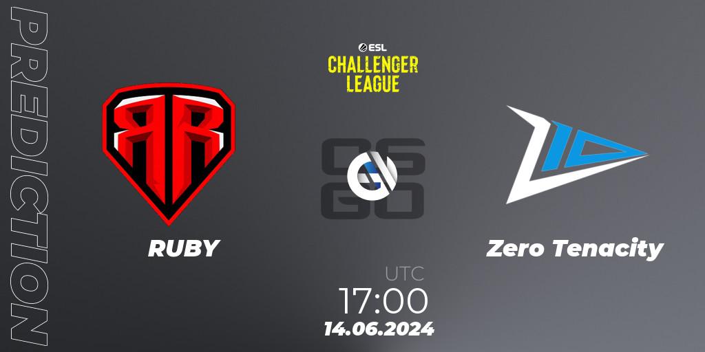 RUBY vs Zero Tenacity: Betting TIp, Match Prediction. 14.06.2024 at 17:00. Counter-Strike (CS2), ESL Challenger League Season 47 Relegation: Europe