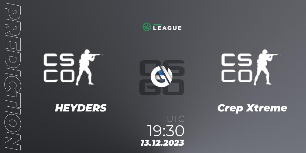 HEYDERS vs Crep Xtreme: Betting TIp, Match Prediction. 13.12.2023 at 19:30. Counter-Strike (CS2), ESEA Season 47: Open Division - Europe