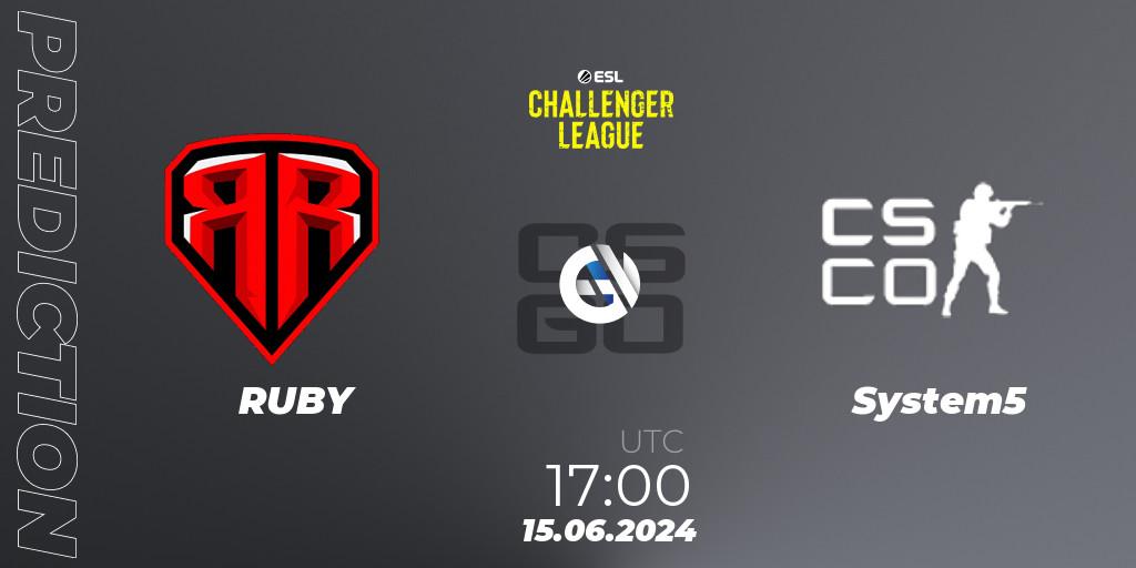RUBY vs System5: Betting TIp, Match Prediction. 15.06.2024 at 17:00. Counter-Strike (CS2), ESL Challenger League Season 47 Relegation: Europe
