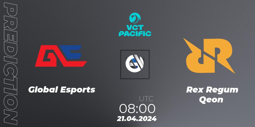 Global Esports vs Rex Regum Qeon: Betting TIp, Match Prediction. 21.04.2024 at 08:00. VALORANT, VALORANT Champions Tour 2024: Pacific League - Stage 1 - Group Stage