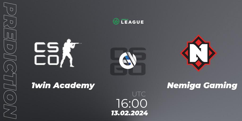 1win Academy vs Nemiga Gaming: Betting TIp, Match Prediction. 13.02.2024 at 16:00. Counter-Strike (CS2), ESEA Season 48: Advanced Division - Europe