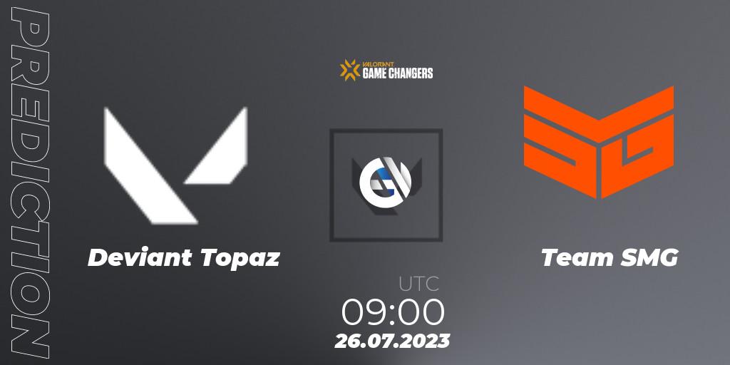 Deviant Topaz vs Team SMG: Betting TIp, Match Prediction. 26.07.2023 at 09:00. VALORANT, VCT 2023: Game Changers APAC Open 3