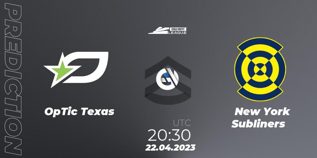 OpTic Texas vs New York Subliners: Betting TIp, Match Prediction. 22.04.2023 at 20:30. Call of Duty, Call of Duty League 2023: Stage 4 Major