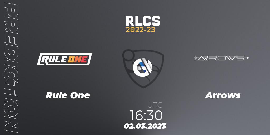 Rule One vs Arrows: Betting TIp, Match Prediction. 02.03.2023 at 16:30. Rocket League, RLCS 2022-23 - Winter: Middle East and North Africa Regional 3 - Winter Invitational
