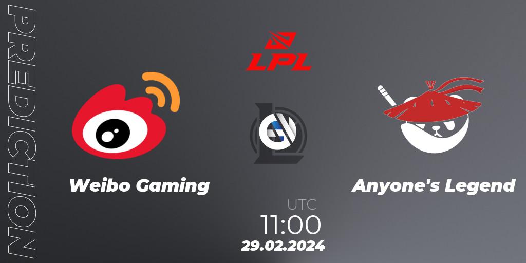 Weibo Gaming vs Anyone's Legend: Betting TIp, Match Prediction. 29.02.2024 at 11:45. LoL, LPL Spring 2024 - Group Stage