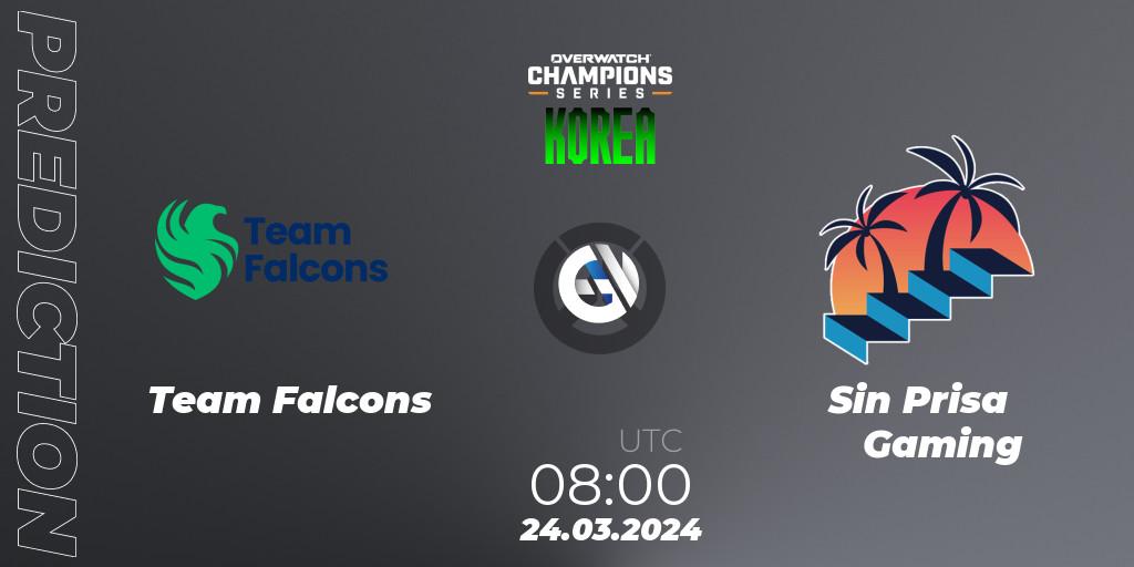 Team Falcons vs Sin Prisa Gaming: Betting TIp, Match Prediction. 24.03.2024 at 08:00. Overwatch, Overwatch Champions Series 2024 - Stage 1 Korea