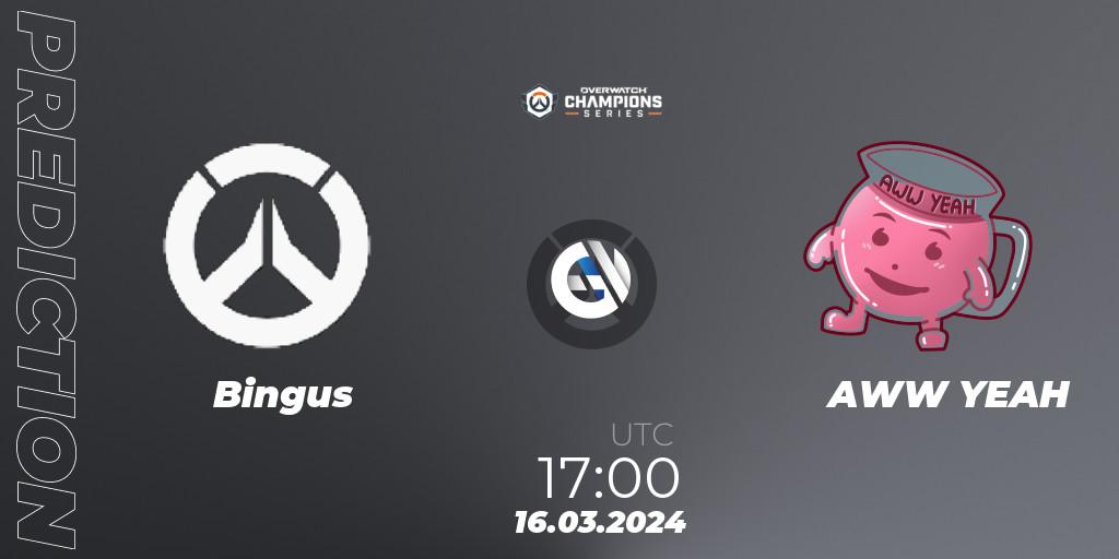 Bingus vs AWW YEAH: Betting TIp, Match Prediction. 16.03.2024 at 16:00. Overwatch, Overwatch Champions Series 2024 - EMEA Stage 1 Group Stage