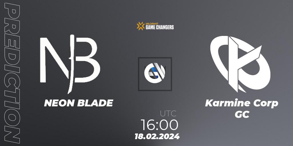 NEON BLADE vs Karmine Corp GC: Betting TIp, Match Prediction. 18.02.2024 at 16:00. VALORANT, VCT 2024: Game Changers EMEA Stage 1