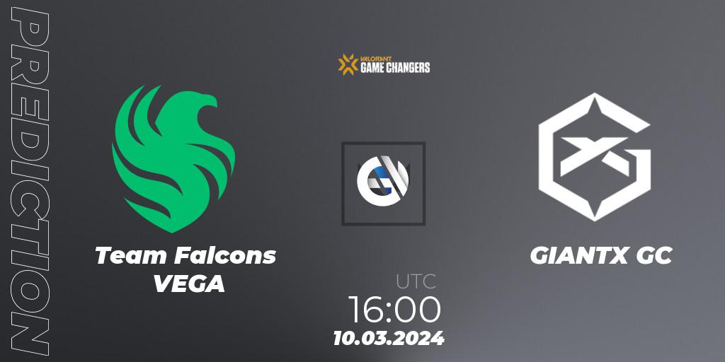 Team Falcons VEGA vs GIANTX GC: Betting TIp, Match Prediction. 10.03.2024 at 16:00. VALORANT, VCT 2024: Game Changers EMEA Stage 1