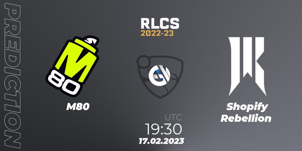 M80 vs Shopify Rebellion: Betting TIp, Match Prediction. 17.02.2023 at 19:30. Rocket League, RLCS 2022-23 - Winter: North America Regional 2 - Winter Cup